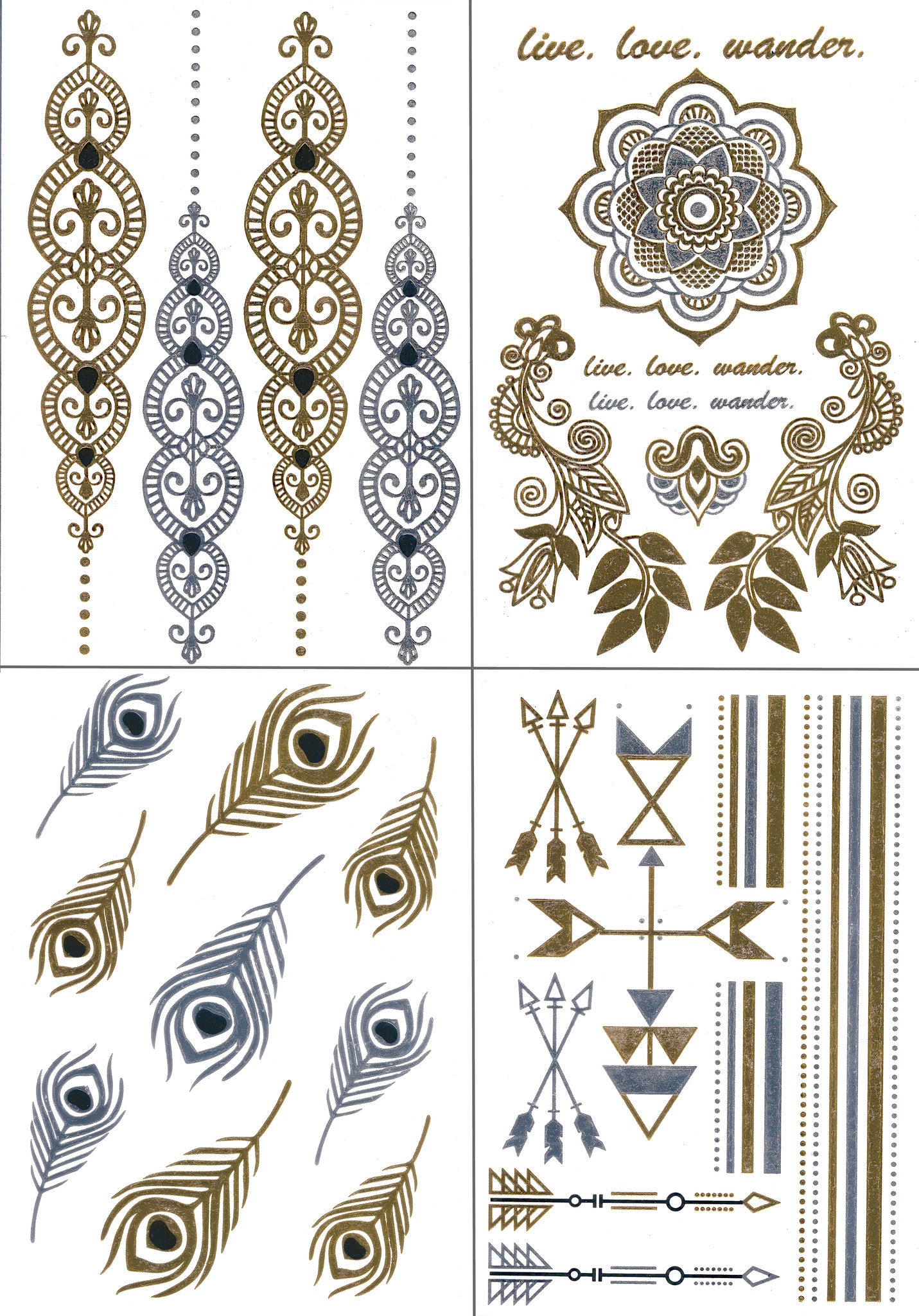 Temporary Metallic Tattoos Pack (Set of 4 Sheets) by BG247