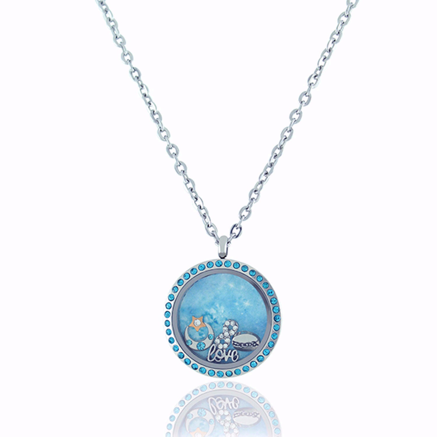 Floating Locket Necklace with Matching Chain and Choice of 6 Charms (Twist Blue Rhinestone)