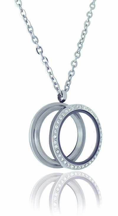 Floating Locket Necklace with Choice of 6 Charms and Matching Chain (Twist Silver Rhinestone Circle)